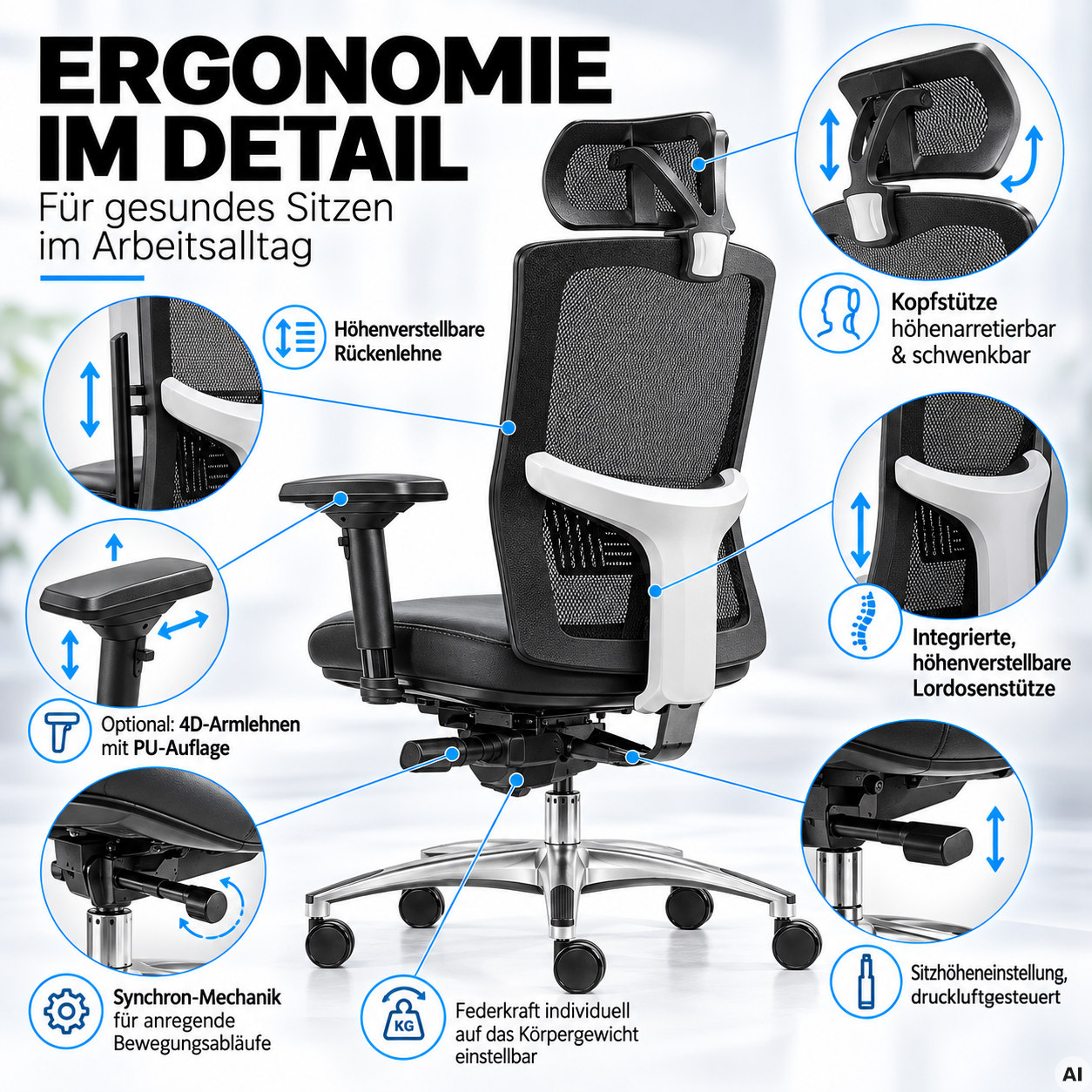 Liberty L mit Kopfstütze - Allrounder Netz-Bürostuhl